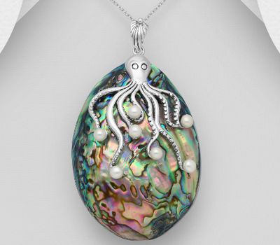 925 Sterling Silver Octopus Pendant Decorated With Fresh Water Pearl and Shell