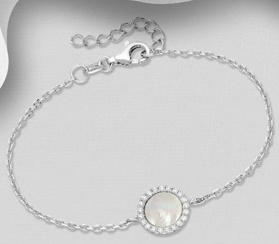 925 Sterling Silver Adjustable Bracelet, Decorated with CZ Simulated Diamonds and Shell