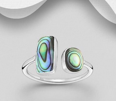 925 Sterling Silver Rectangle Adjustable Ring, Decorated with Shell