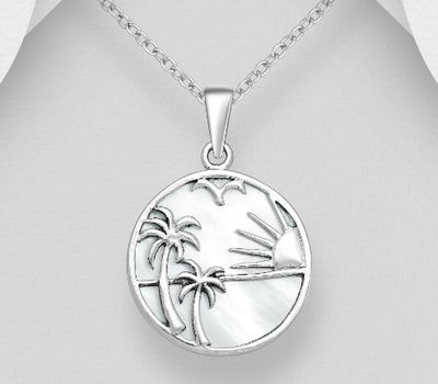 925 Sterling Silver Pendant, Featuring Coconut Tree, Sun and Bird, Decorated with Shell