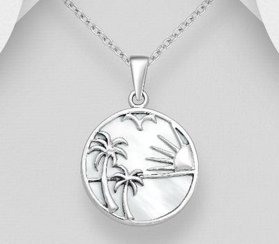 Şəkli böyütmək üçün tiklayın 925 Sterling Silver Pendant, Featuring Coconut Tree, Sun and Bird, Decorated with Shell