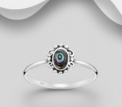 Şəkli böyütmək üçün tiklayın 925 Sterling Silver Oxidized Swirl and Ball Ring, Decorated with Shell