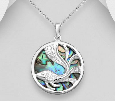 925 Sterling Silver Circle Fish Pendant, Decorated with Shell