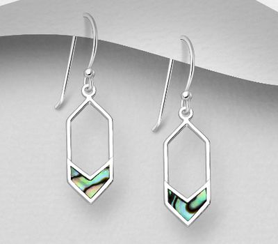 925 Sterling Silver Hexagon Hook Earrings, Decorated with Shell