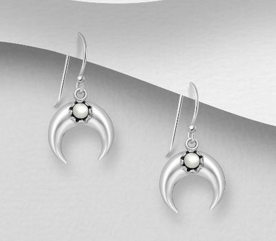 925 Sterling Silver Horn Hook Earrings, Decorated with Shell