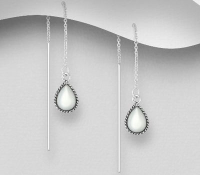925 Sterling Silver Droplet Threader Earrings, Decorated with Shell