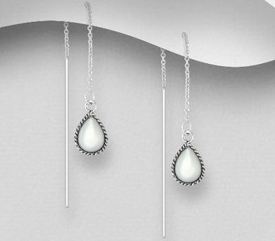 Şəkli böyütmək üçün tiklayın 925 Sterling Silver Droplet Threader Earrings, Decorated with Shell