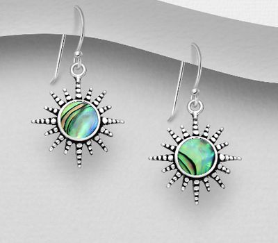 925 Sterling Silver Oxidized Sun Hook Earrings, Decorated with Shell