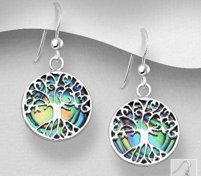 925 Sterling Silver Hook Earrings Featuring Tree of Life Decorated With Shell
