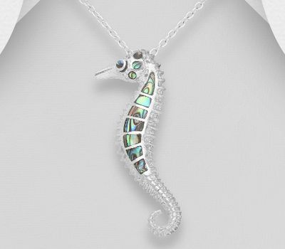 925 Sterling Silver Seahorse Pendant Decorated With Resin and Shell
