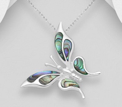 925 Sterling Silver Butterfly Pendant Decorated With Shell