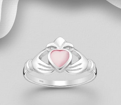 925 Sterling Silver Claddagh Ring, Decorated with Shell