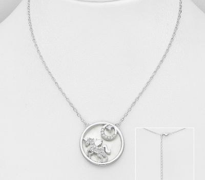 925 Sterling Silver Pegasus Necklace, Decorated with CZ Simulated Diamonds and Shell