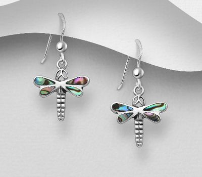 925 Sterling Silver Oxidized Dragonfly Hook Earrings, Decorated with Shell