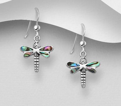 Şəkli böyütmək üçün tiklayın 925 Sterling Silver Oxidized Dragonfly Hook Earrings, Decorated with Shell