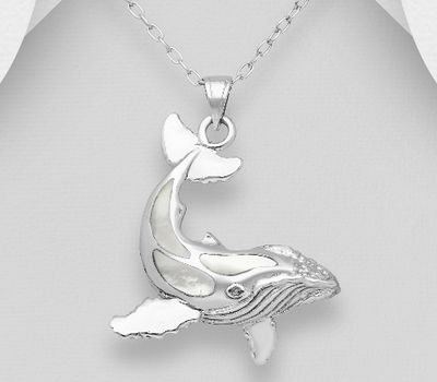925 Sterling Silver Oxidized Dolphin Pendant Decorated With Shell