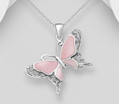 925 Sterling Silver Butterfly Pendant Decorated With Resin & Shell