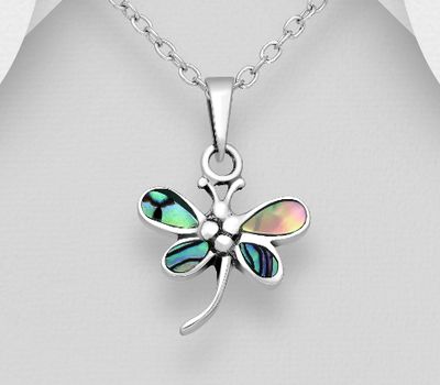925 Sterling Silver Dragonfly Pendant, Decorated with Shell