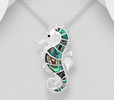 Şəkli böyütmək üçün tiklayın 925 Sterling Silver Seahorse Pendant Decorated With Shell and Colored Enamel