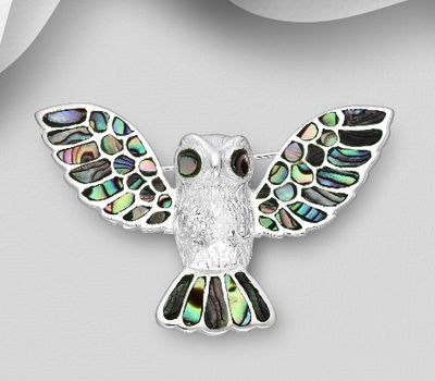 925 Sterling Silver Owl Brooch / Pendant Decorated With Shell