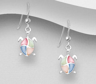 925 Sterling Silver Turtle Hook Earrings, Decorated with Colorful Shell