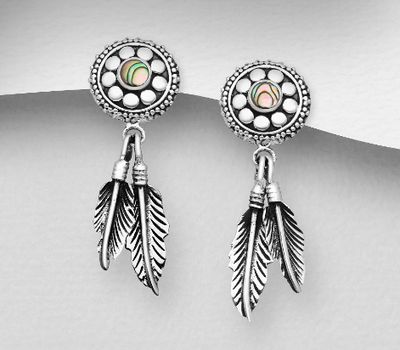 925 Sterling Silver Oxidized Feather Push-Back Earrings, Decorated with Shell
