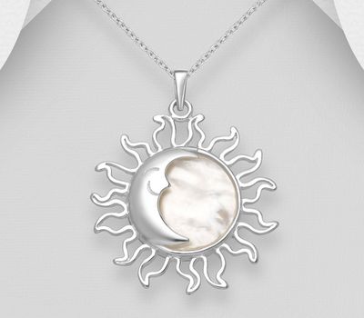 925 Sterling Silver Moon and Sun Pendant Decorated with Shell