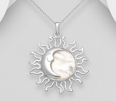 Şəkli böyütmək üçün tiklayın 925 Sterling Silver Moon and Sun Pendant Decorated with Shell
