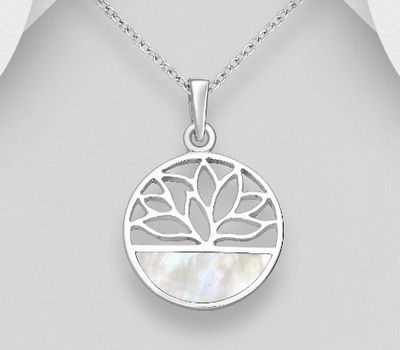 925 Sterling Silver Circle Lotus Pendant, Decorated with Shell