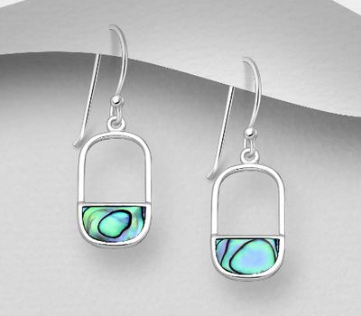 925 Sterling Silver Rectangle  Hook Earrings, Decorated with Shell