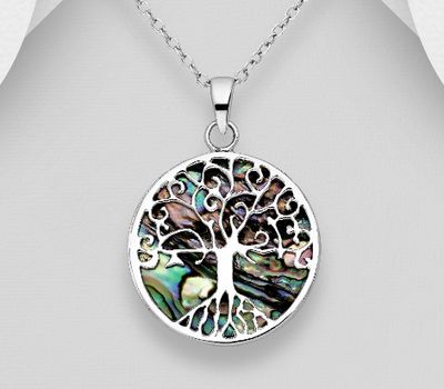 925 Sterling Silver Pendant Featuring Tree of Life Decorated With Shell