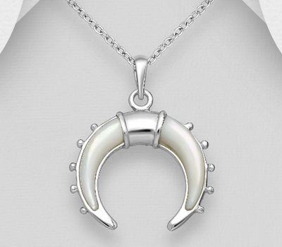 925 Sterling Silver Horn Pendant, Decorated with Shell
