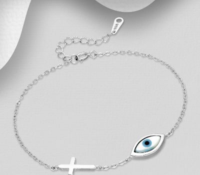 925 Sterling Silver Bracelet Featuring Cross And Evil Eye Decorated With Shell And Colored Enamel