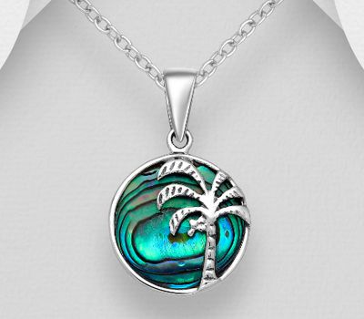 925 Sterling Silver Coconut Tree Pendant, Decorated with Shell