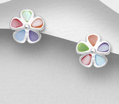 925 Sterling Silver Flower Push-Back Earrings, Decorated with Colorful Shells