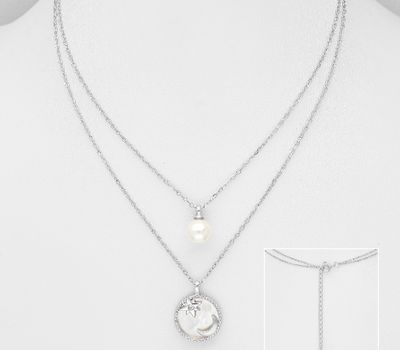 925 Sterling Silver Layered Necklace, Featuring Crescent Moon and Star Design, Decorated with CZ Simulated Diamond, Shell and Simulated Pearl