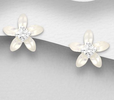 925 Sterling Silver Flower Push-Back Earrings, Decorated with Shell and  CZ Simulated Diamonds