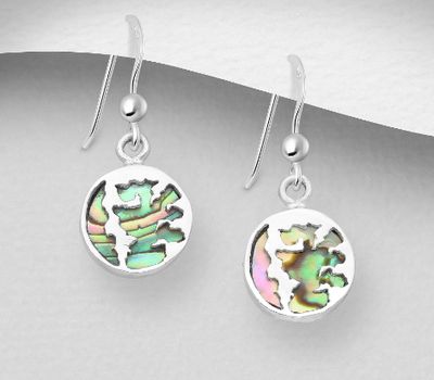 925 Sterling Silver World Map Hook Earrings, Decorated with Shell