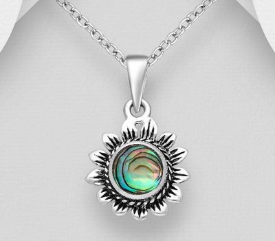925 Sterling Silver Oxidized Flower Pendant, Decorated with Shell