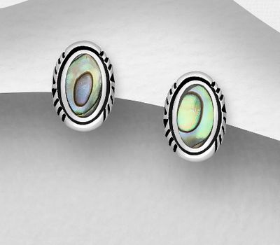 925 Sterling Silver Oxidized Oval Push-Back Earrings, Decorated with Shell