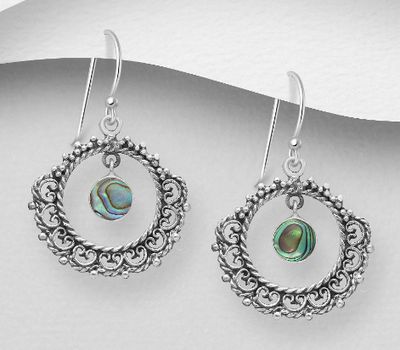 925 Sterling Silver Oxidized Hook Earrings, Decorated with Shell