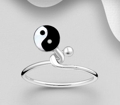 925 Sterling Silver Yin-Yang Ring, Decorated with Resin and Shell