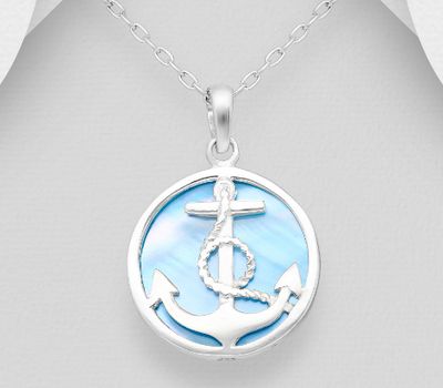 925 Sterling Silver Anchor Pendant Decorated with Shell