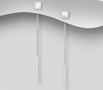 925 Sterling Silver Square Threader Earrings, Decorated with Shell
