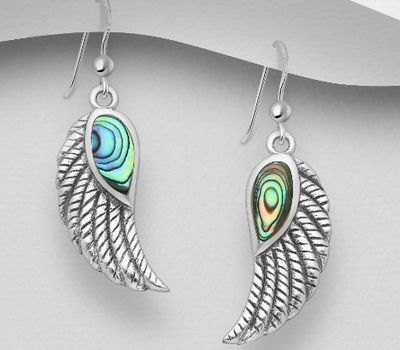 925 Sterling Silver Oxidized Wings Hook Earrings, Decorated with Shell