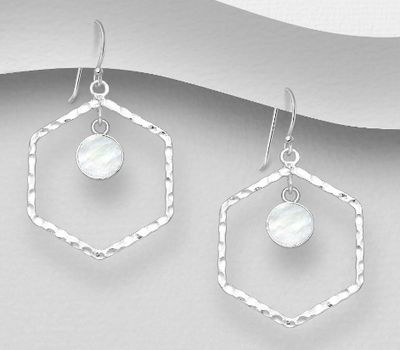 925 Sterling Silver Hexagon Hook Earrings, Decorated with Shell