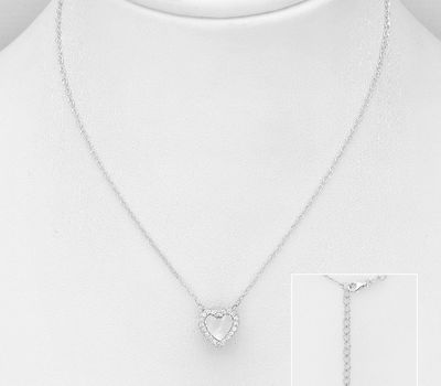 925 Sterling Silver Heart Necklace, Decorated with CZ Simulated Diamonds and Shell