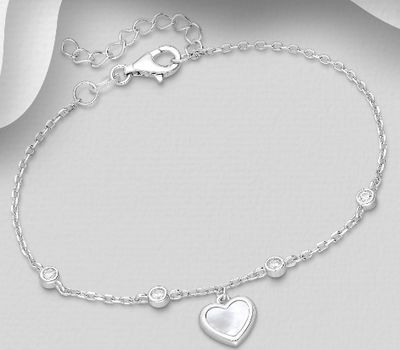 925 Sterling Silver Heart Bracelet, Decorated with CZ Simulated Diamonds and Shell