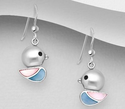 925 Sterling Silver Duck Hook Earrings, Decorated with Shell and Colored Enamel