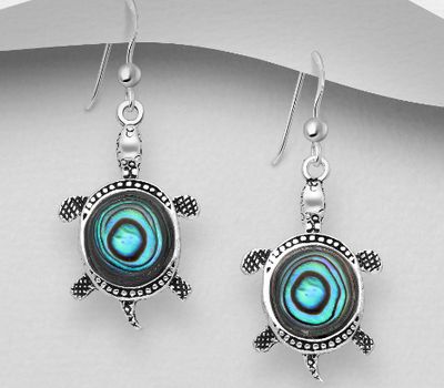925 Sterling Silver Oxidized Turtle Hook Earrings, Decorated with Shell